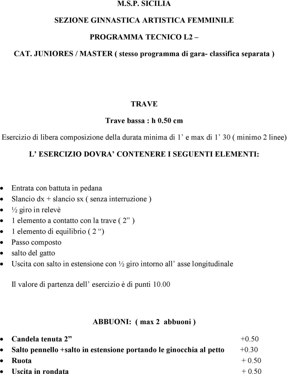 ( senza interruzione ) ½ giro in relevè 1 elemento a contatto con la trave ( 2 ) 1 elemento di equilibrio ( 2 ) Passo composto salto del gatto Uscita con salto in estensione con ½ giro intorno all