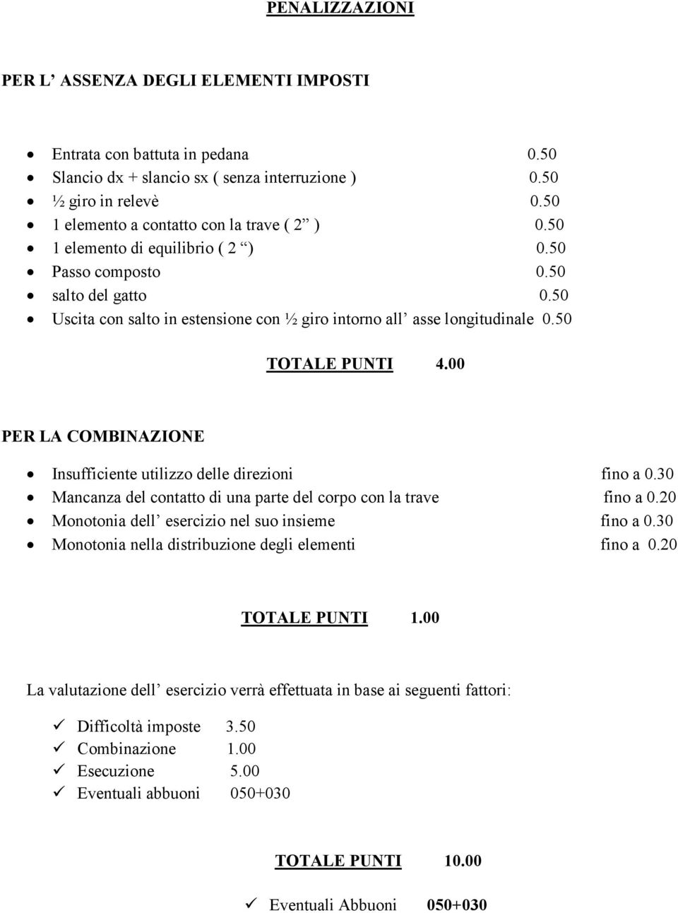 50 Uscita con salto in estensione con ½ giro intorno all asse longitudinale 0.50 TOTALE PUNTI 4.00 PER LA COMBINAZIONE Insufficiente utilizzo delle direzioni fino a 0.