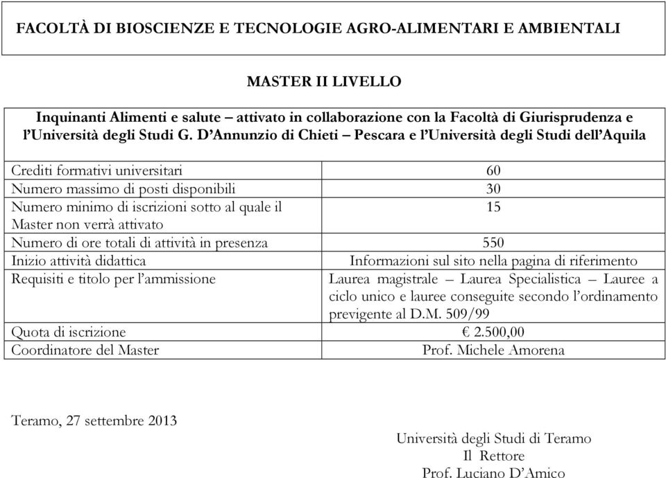 D Annunzio di Chieti Pescara e l Università degli Studi dell Aquila 30 15 Numero di ore totali di attività in presenza 550 Laurea magistrale Laurea