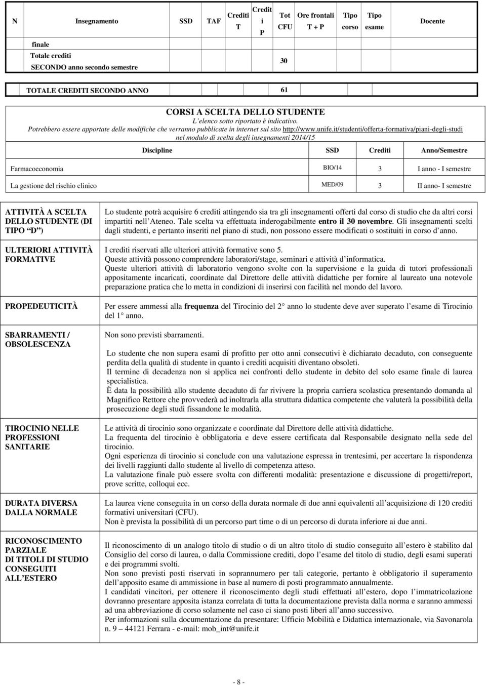 t/student/offerta-formatva/pan-degl-stud nel modulo d scelta degl nsegnament 2014/15 Dscplne SSD Anno/Semestre Farmacoeconoma BIO/14 3 I anno - I semestre La gestone del rscho clnco MED/09 3 II anno-