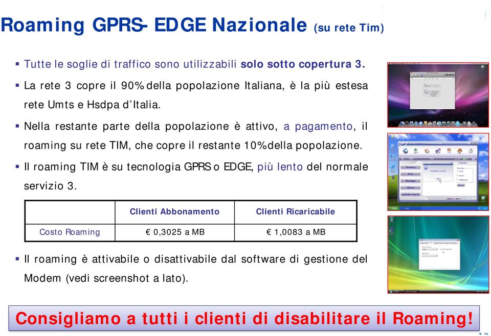 Nella restante parte della popolazione è attivo, a pagamento, il roaming su rete TIM, che copre il restante 10% della popolazione.