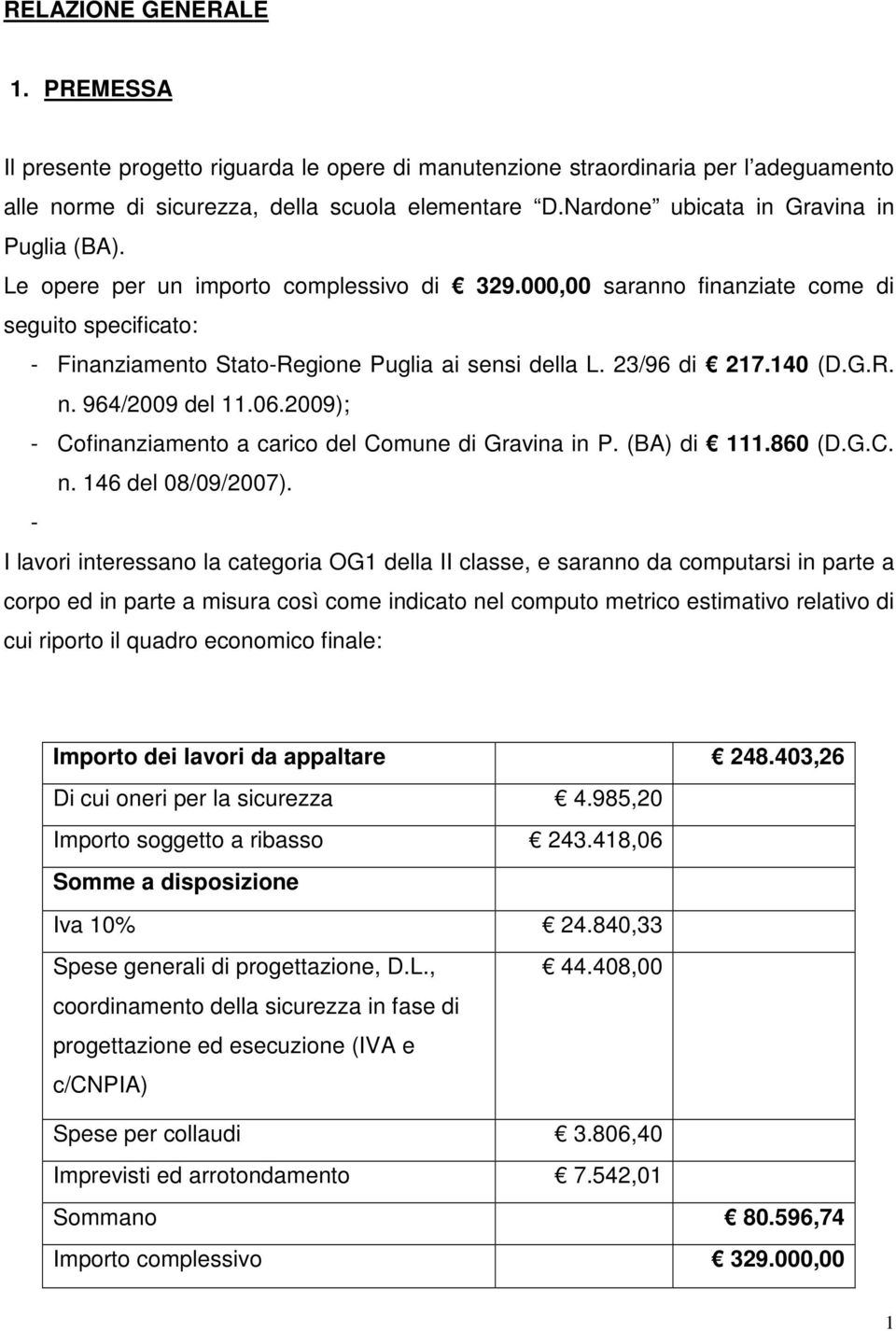 23/96 di 217.140 (D.G.R. n. 964/2009 del 11.06.2009); - Cofinanziamento a carico del Comune di Gravina in P. (BA) di 111.860 (D.G.C. n. 146 del 08/09/2007).