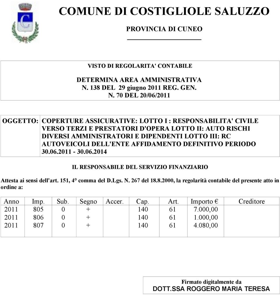 RC AUTOVEICOLI DELL'ENTE AFFIDAMENTO DEFINITIVO PERIODO 30.06.2011-30.06.2014 IL RESPONSABILE DEL SERVIZIO FINANZIARIO Attesta ai sensi dell'art. 151, 4 comma del D.Lgs.