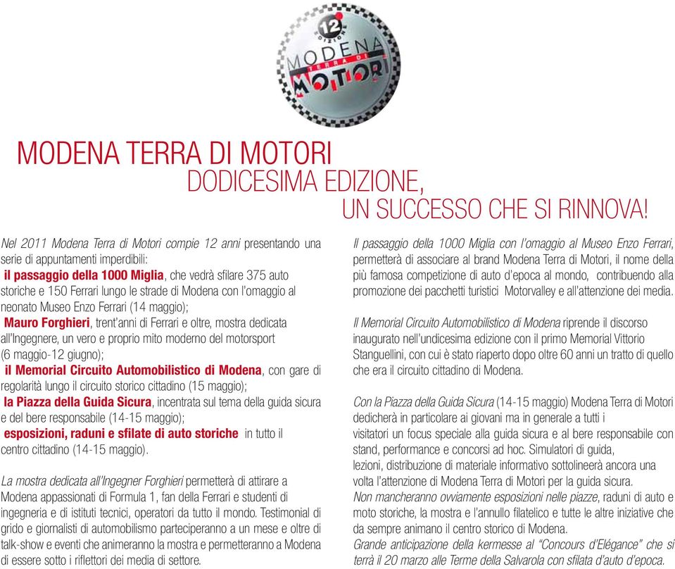 Modena con l omaggio al neonato Museo Enzo Ferrari (14 maggio); Mauro Forghieri, trent anni di Ferrari e oltre, mostra dedicata all Ingegnere, un vero e proprio mito moderno del motorsport (6