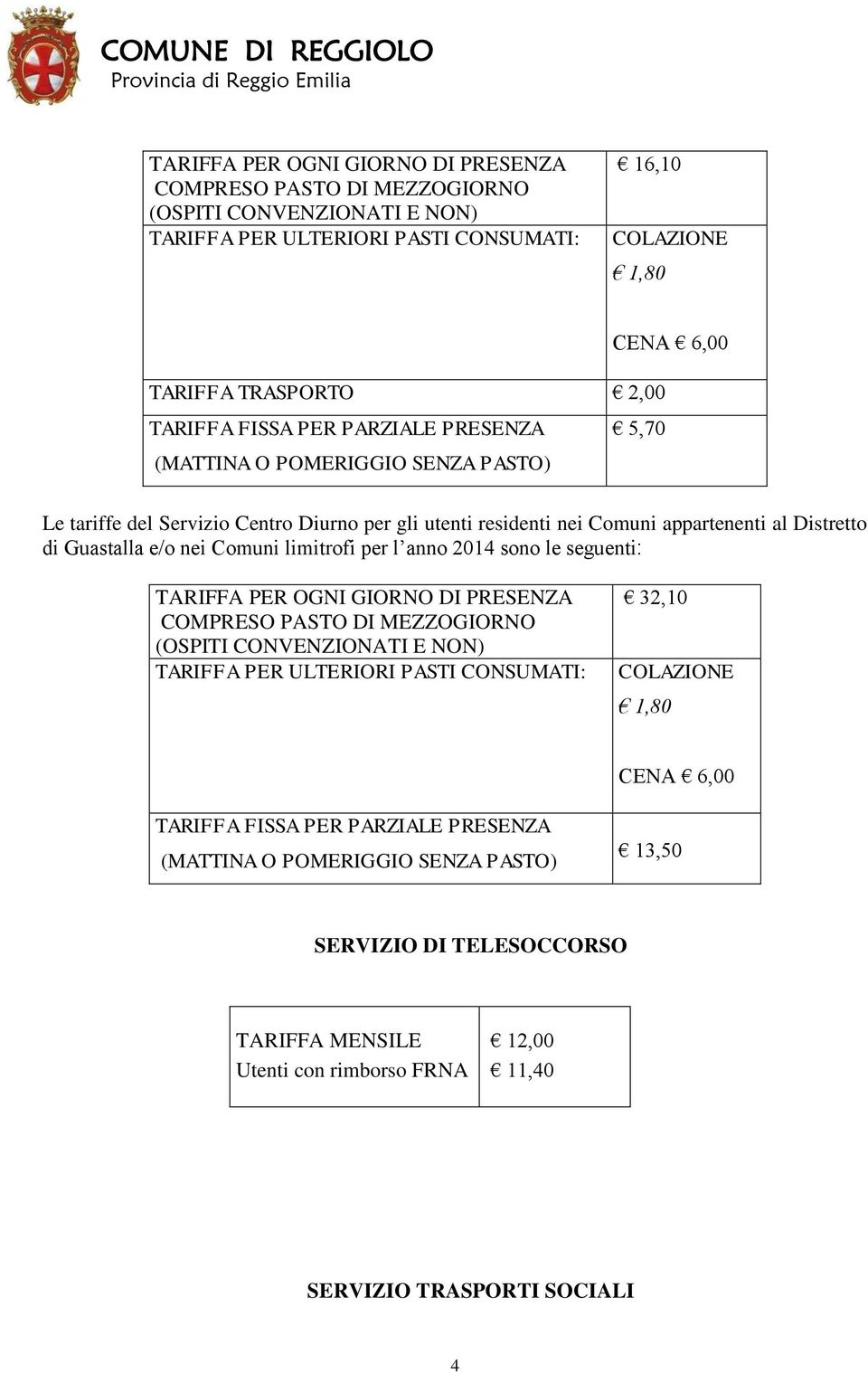 limitrofi per l anno 2014 sono le seguenti: TARIFFA PER OGNI GIORNO DI PRESENZA COMPRESO PASTO DI MEZZOGIORNO (OSPITI CONVENZIONATI E NON) TARIFFA PER ULTERIORI PASTI CONSUMATI: 32,10 COLAZIONE