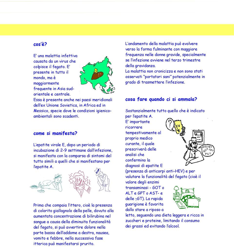 L epatite virale E, dopo un periodo di incubazione di 2-9 settimane dall infezione, si manifesta con la comparsa di sintomi del tutto simili a quelli che si manifestano per l epatite A.