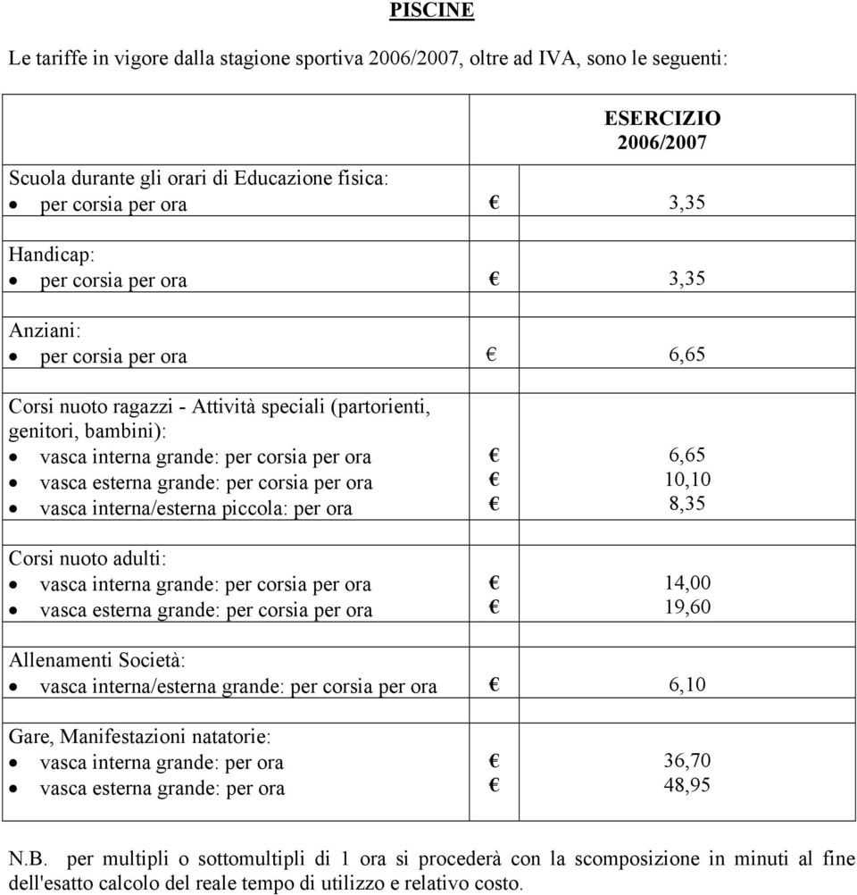 interna/esterna piccola: per ora Corsi nuoto adulti: vasca interna grande: per corsia per ora vasca esterna grande: per corsia per ora 6,65 10,10 8,35 14,00 19,60 Allenamenti Società: vasca