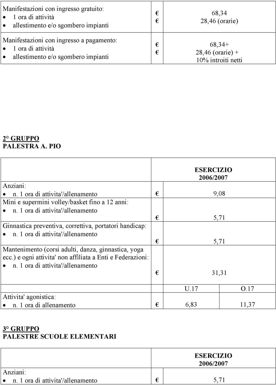 1 ora di attivita'/allenamento 5,71 Ginnastica preventiva, correttiva, portatori handicap: n. 1 ora di attivita'/allenamento 5,71 Mantenimento (corsi adulti, danza, ginnastica, yoga ecc.