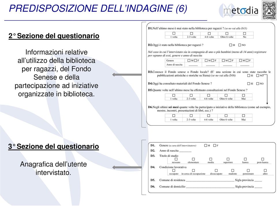 SI NO Nel caso in cui l intervistato sia in compagnia di uno o più bambini (meno di 14 anni) registrare per ognuno di essi, genere e anno di nascita Genere M F M F M F M F Anno di nascita D3.