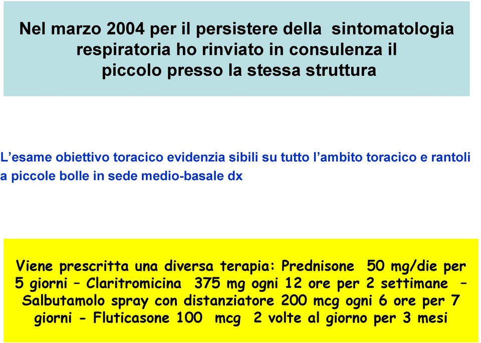 medio-basale dx Viene prescritta una diversa terapia: Prednisone 50 mg/die per 5 giorni Claritromicina 375 mg ogni 12 ore