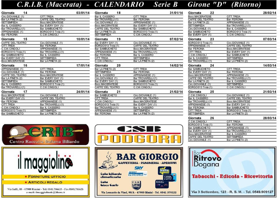 GIOVANILE (1) APPIGNANESE (1) BORGO 013 Treia (1) (1) Bar EVERY DAY (1) Bar LA PINETA (2) Giornata 16 17/01/14 APPIGNANESE (1) Circ.