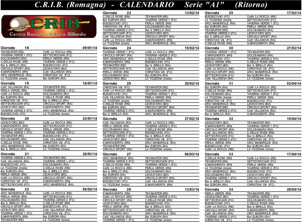 09/01/14 Giornata 24 15/02/14 Giornata 30 27/03/14 Giornata 19 16/01/14 Giornata 25 20/02/14 Giornata