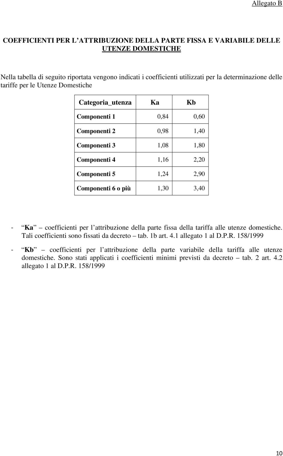 1,30 3,40 - Ka coefficienti per l attribuzione della parte fissa della tariffa alle utenze domestiche. Tali coefficienti sono fissati da decreto tab. 1b art. 4.1 allegato 1 al D.P.R.