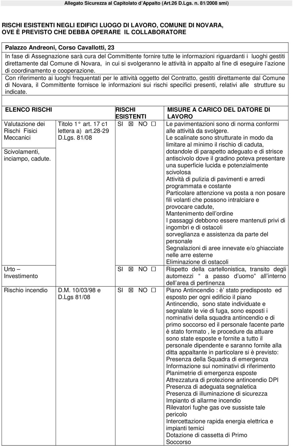 Con riferimento ai luoghi frequentati per le attività oggetto del Contratto, gestiti direttamente dal Comune di Novara, il Committente fornisce le informazioni sui rischi specifici presenti, relativi