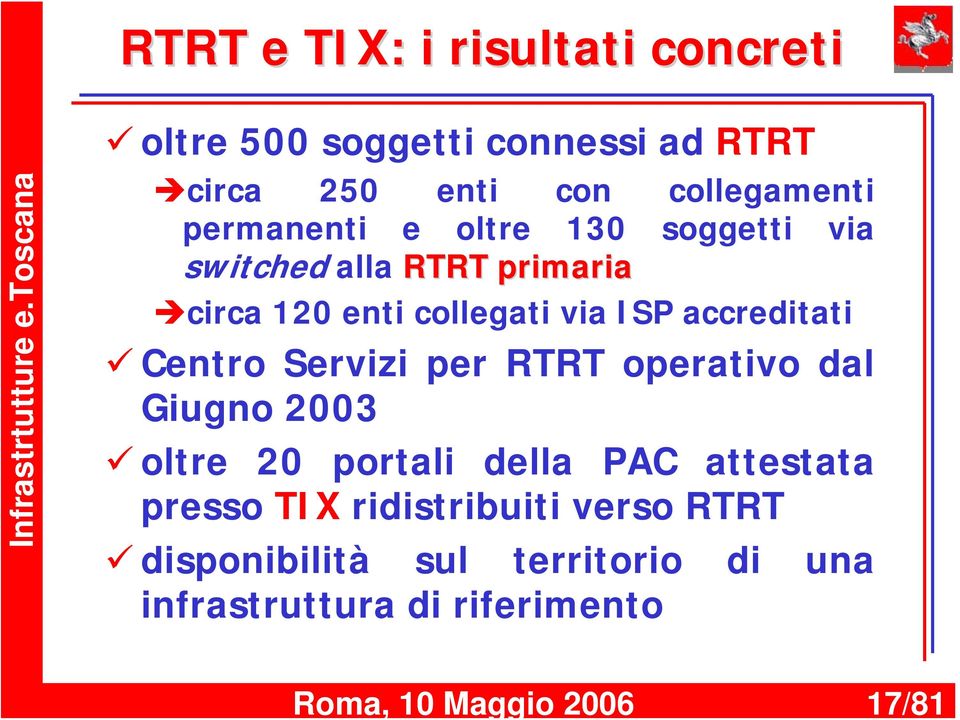 collegati via ISP accreditati Centro Servizi per RTRT operativo dal Giugno 2003 oltre 20 portali della PAC
