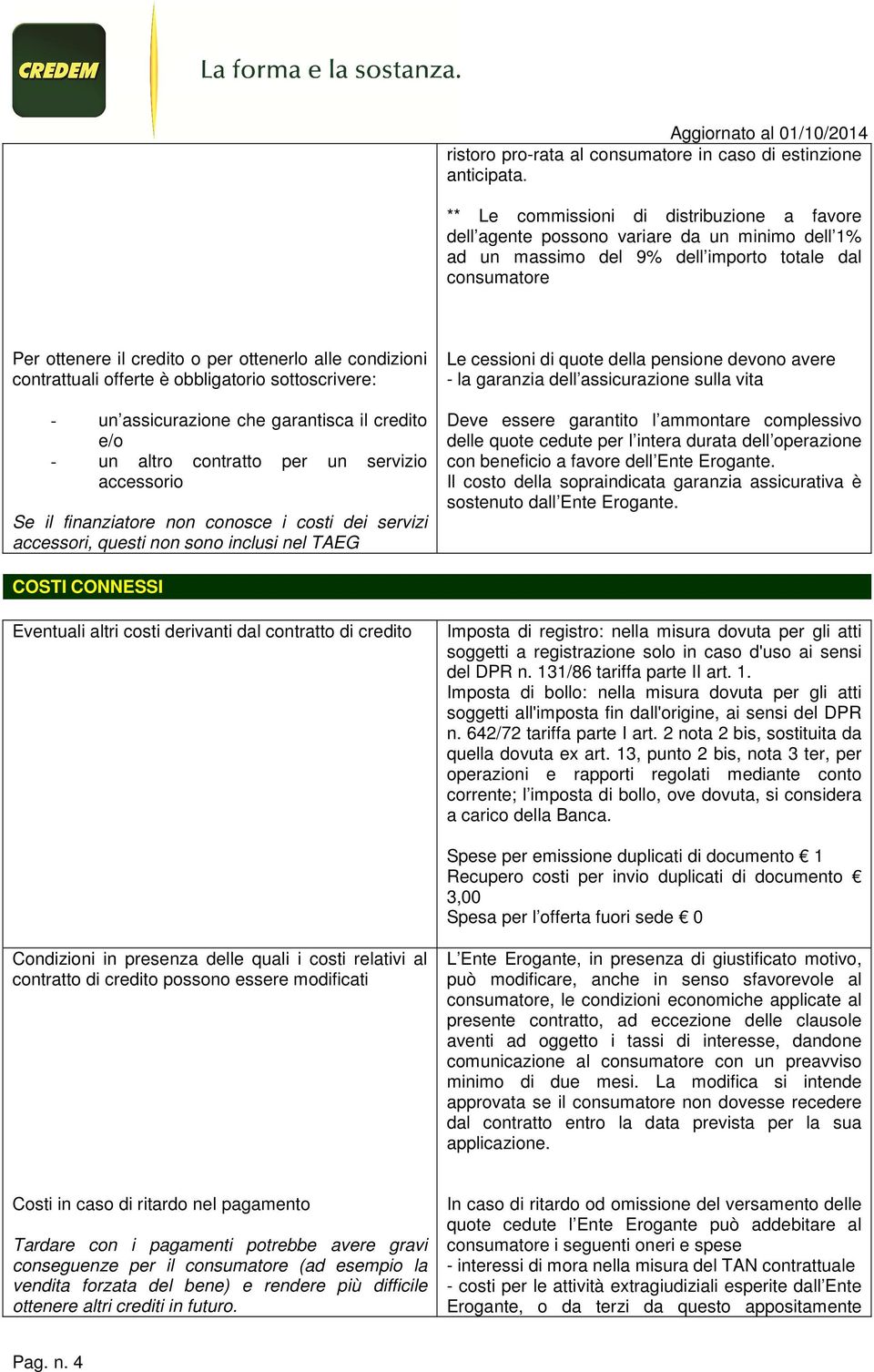 condizioni contrattuali offerte è obbligatorio sottoscrivere: - un assicurazione che garantisca il credito e/o - un altro contratto per un servizio accessorio Se il finanziatore non conosce i costi