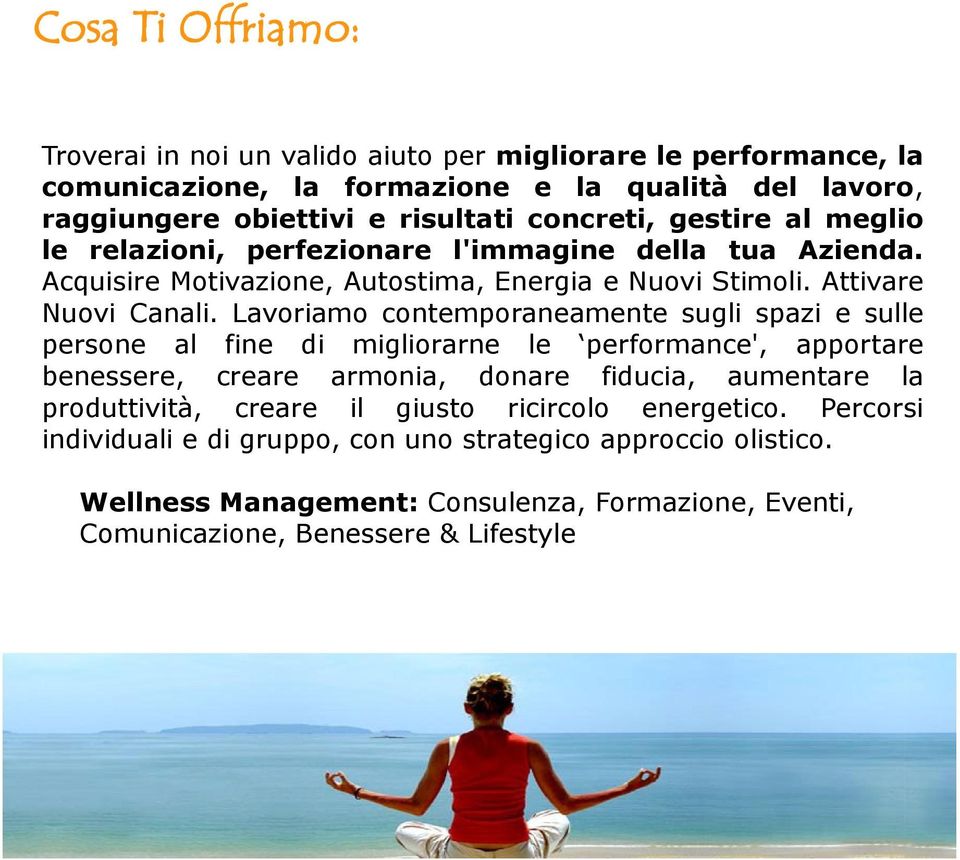 Lavoriamo contemporaneamente sugli spazi e sulle persone al fine di migliorarne le performance', apportare benessere, creare armonia, donare fiducia, aumentare la produttività,