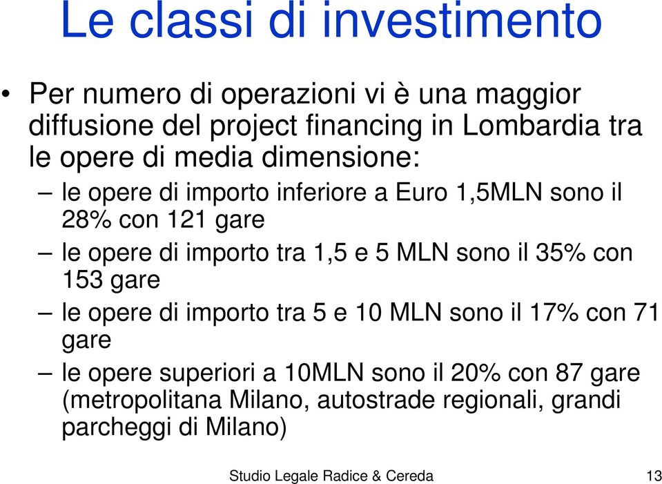 e 5 MLN sono il 35% con 153 gare le opere di importo tra 5 e 10 MLN sono il 17% con 71 gare le opere superiori a 10MLN sono