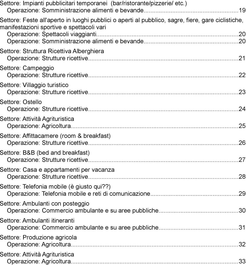 ..20 Operazione: Somministrazione alimenti e bevande...20 Settore: Struttura Ricettiva Alberghiera Operazione: Strutture ricettive...21 Settore: Campeggio Operazione: Strutture ricettive.