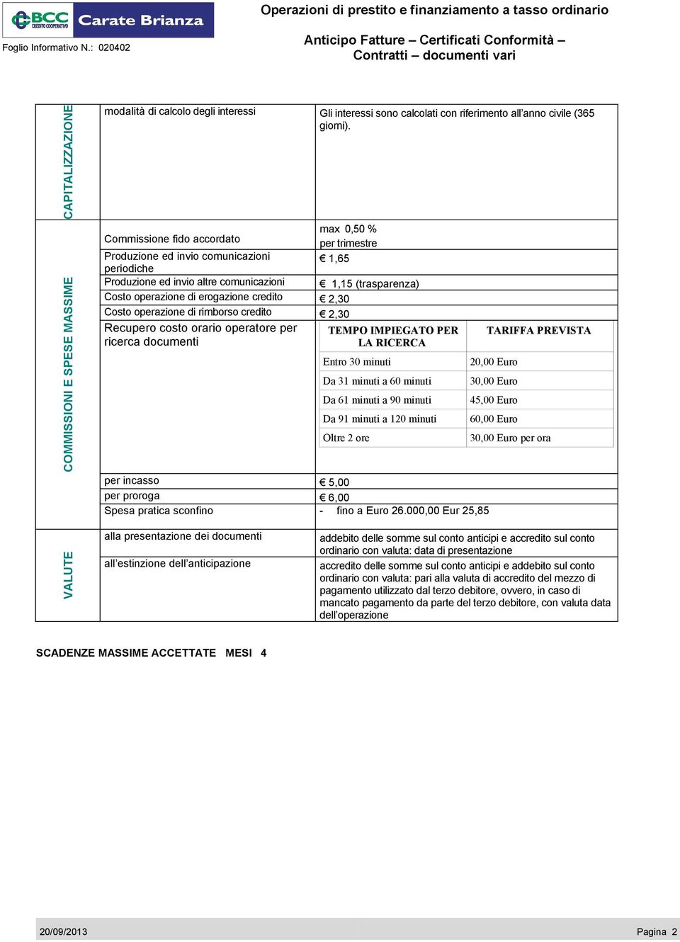 operazione di rimborso credito 2,30 Recupero costo orario operatore per ricerca documenti 1,15 (trasparenza) TEMPO IMPIEGATO PER LA RICERCA Entro 30 minuti Da 31 minuti a 60 minuti Da 61 minuti a 90