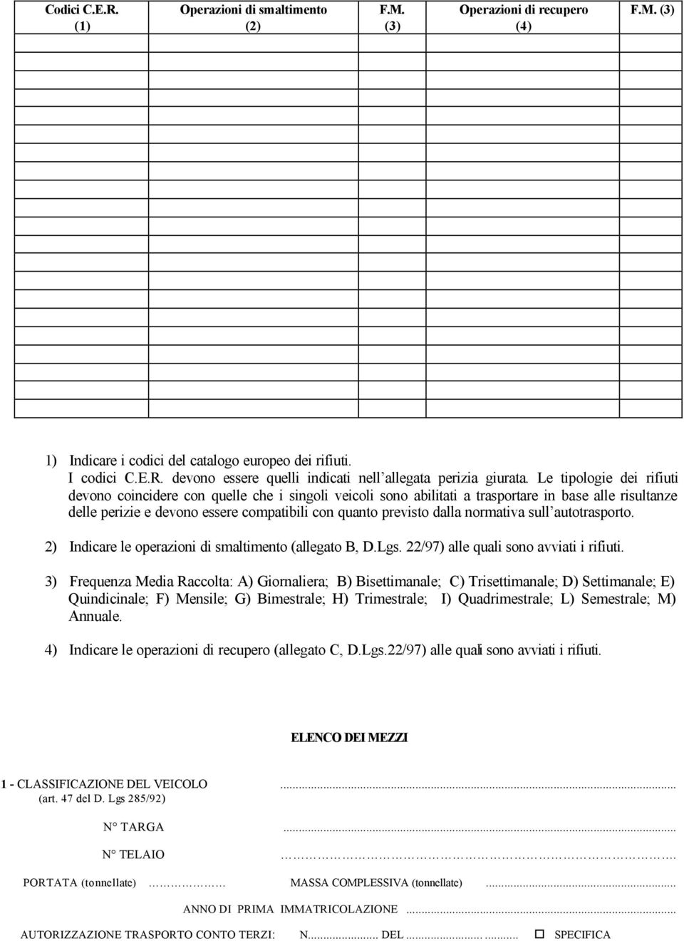 normativa sull autotrasporto. 2) Indicare le operazioni di smaltimento (allegato B, D.Lgs. 22/97) alle quali sono avviati i rifiuti.