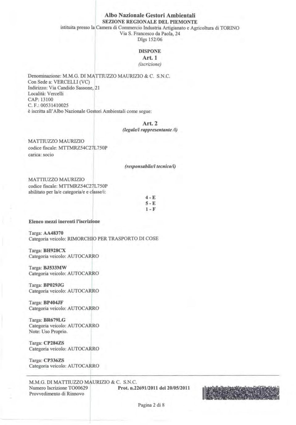 2 (egae/i rappresentante i) (responsabie/i tecnico/i) MA TTIUZZO MAURIZIO codice fiscae: MTTMRZ54C27L750P abiitato per a/e categoriae e casse/i: 4 - E 5 - E 1 - F Eenco mezzi inerenti 'iscrizione