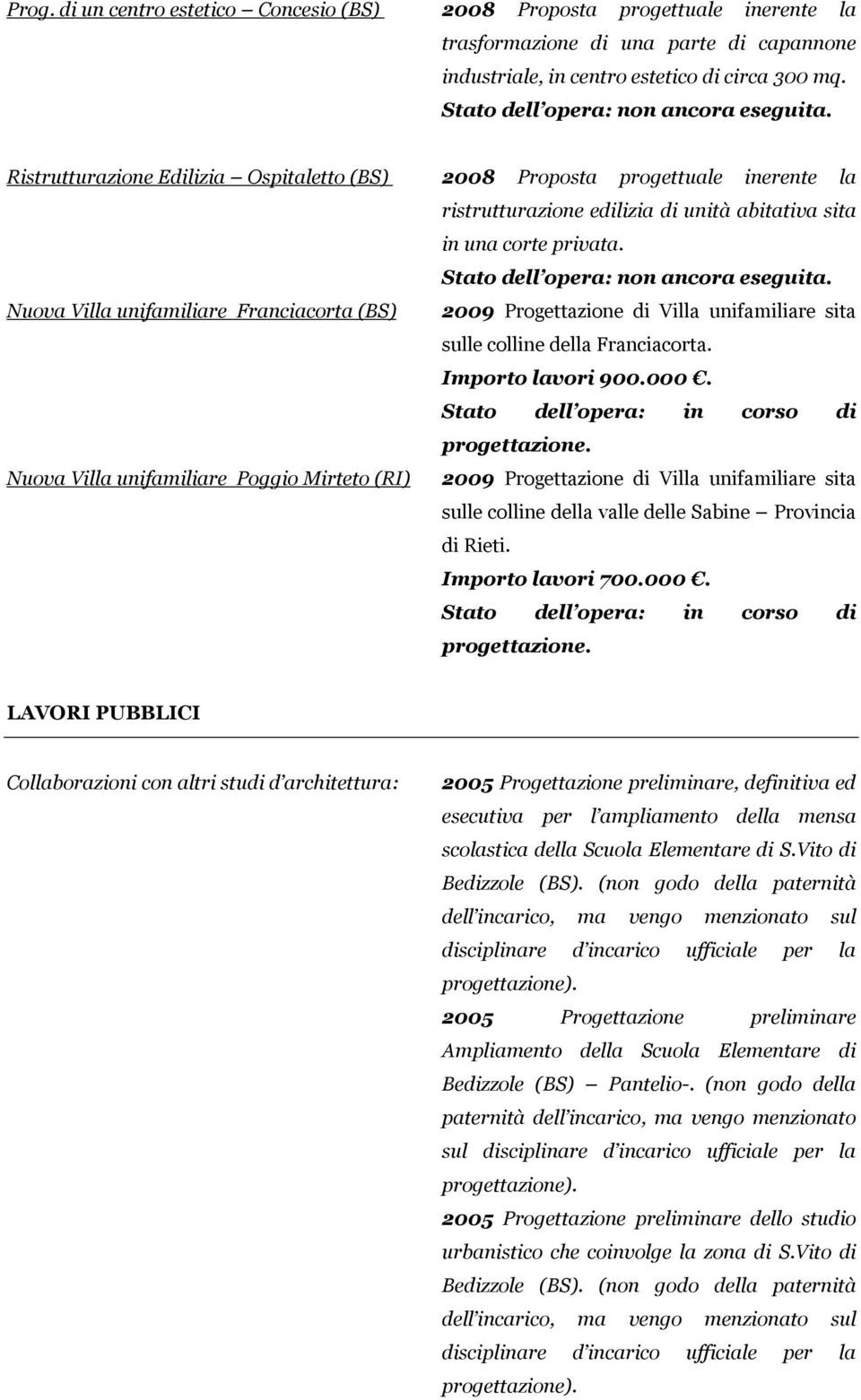 Stato dell opera: non ancora eseguita. Nuova Villa unifamiliare Franciacorta (BS) 2009 Progettazione di Villa unifamiliare sita sulle colline della Franciacorta. Importo lavori 900.000.