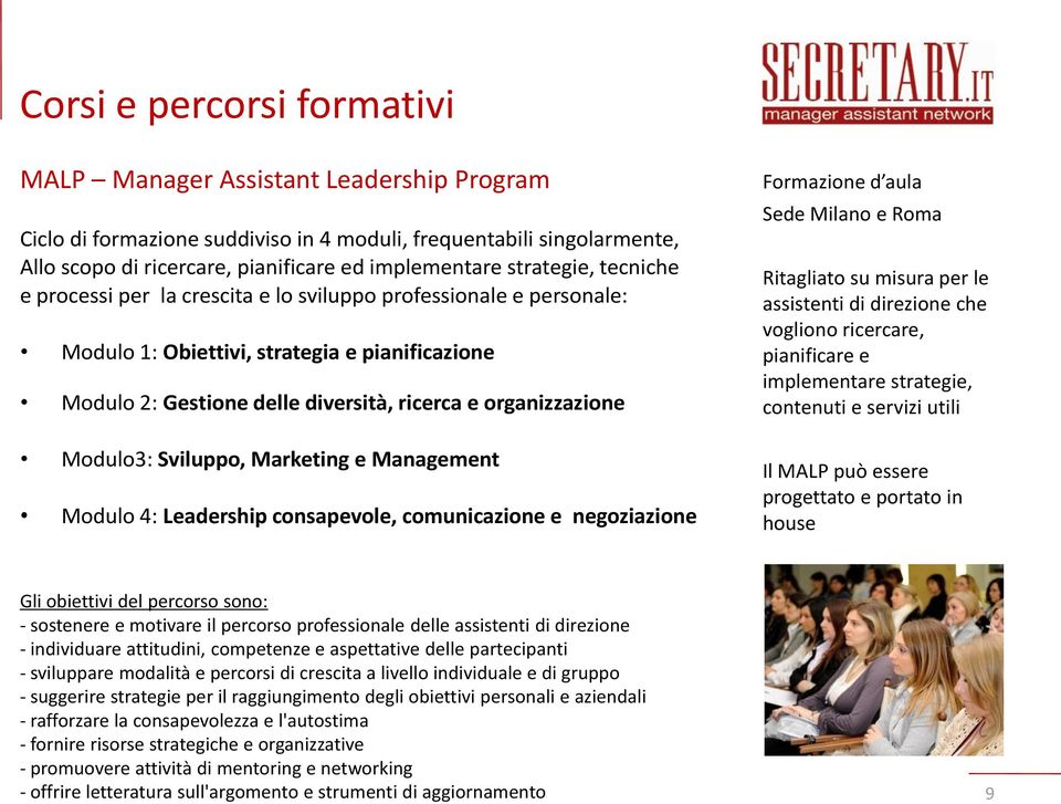 Modulo3: Sviluppo, Marketing e Management Modulo 4: Leadership consapevole, comunicazione e negoziazione Formazione d aula Sede Milano e Roma Ritagliato su misura per le assistenti di direzione che