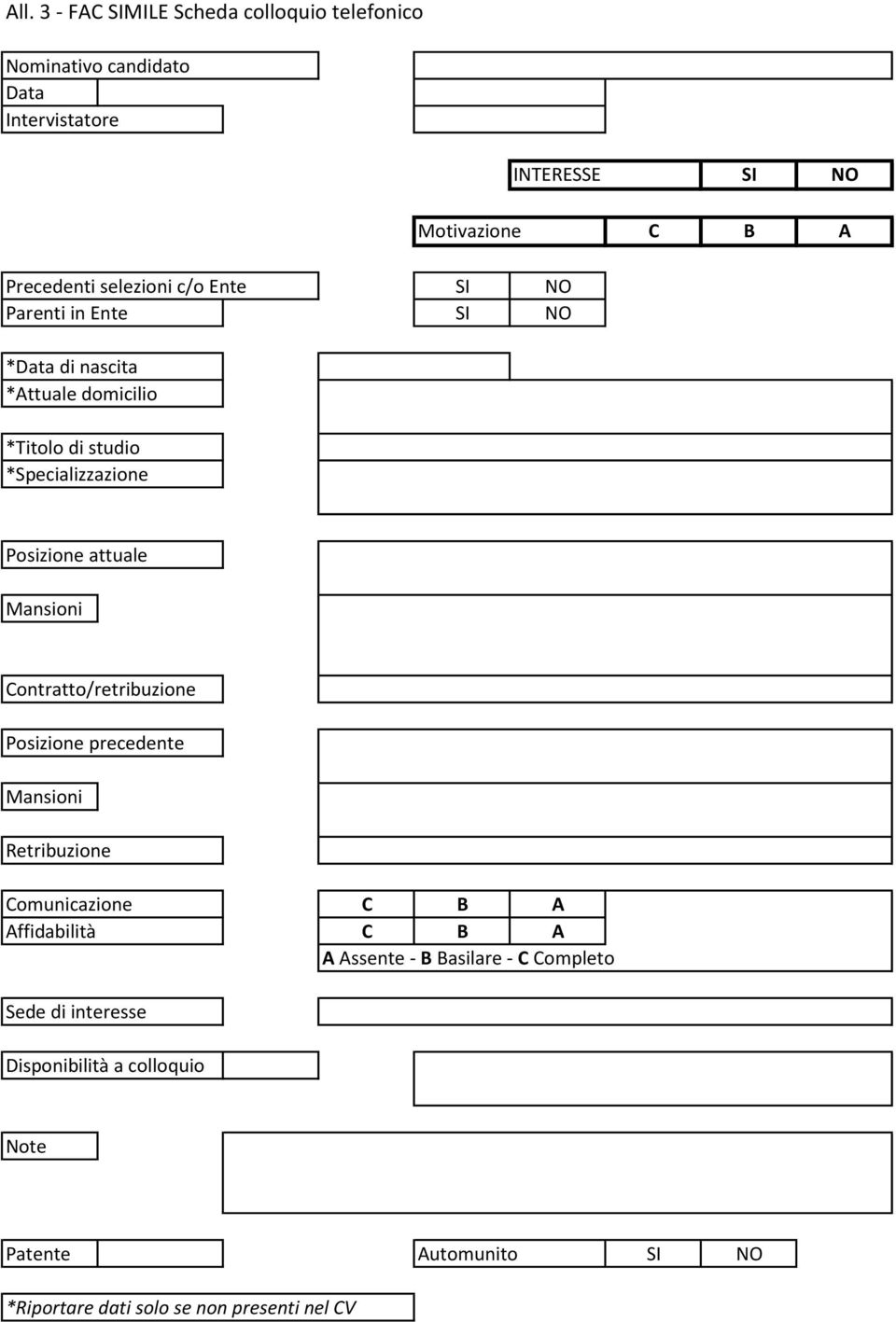 attuale Mansioni Contratto/retribuzione Posizione precedente Mansioni Retribuzione Comunicazione C B A Affidabilità C B A A Assente -