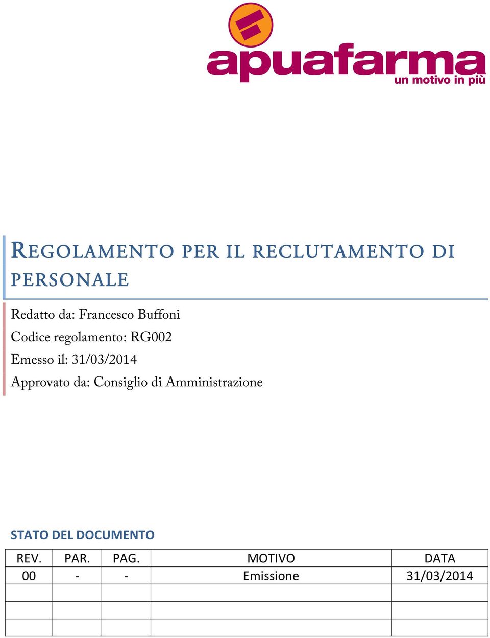 Approvato da: Consiglio di Amministrazione STATO DEL