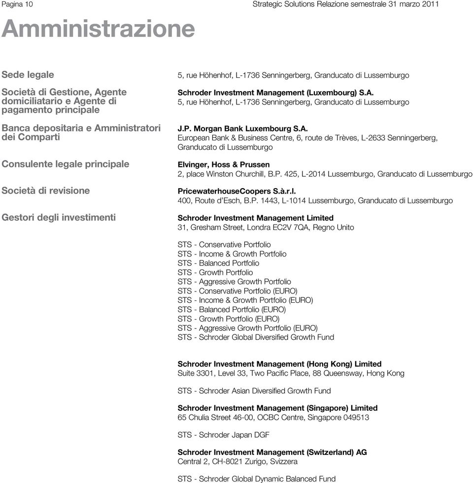 Management (Luxembourg) S.A. 5, rue Höhenhof, L-1736 Senningerberg, Granducato di Lussemburgo J.P. Morgan Bank Luxembourg S.A. European Bank & Business Centre, 6, route de Trèves, L-2633 Senningerberg, Granducato di Lussemburgo Elvinger, Hoss & Prussen 2, place Winston Churchill, B.