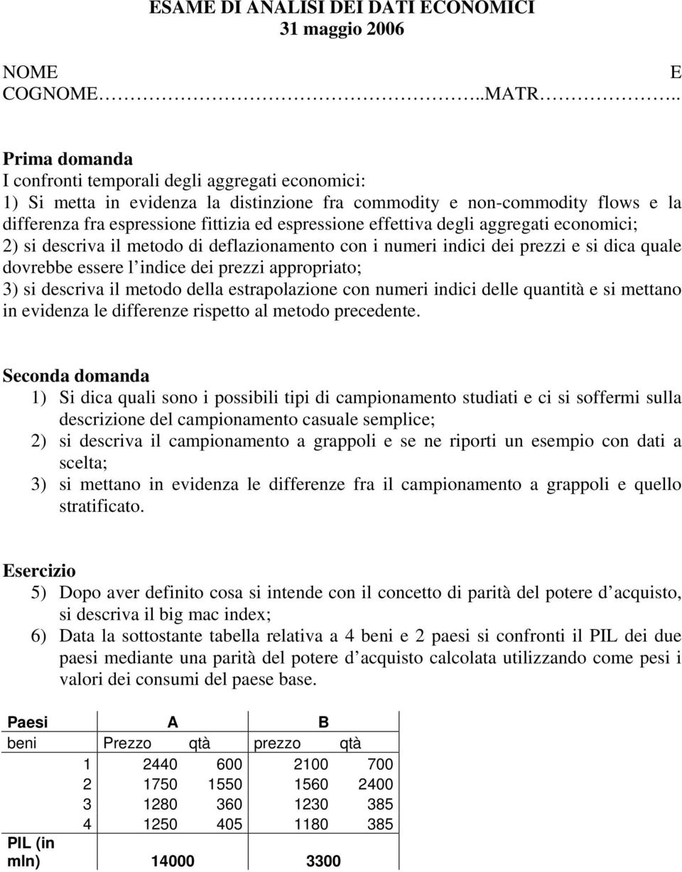 metodo della estrapolazione con numeri indici delle quantità e si mettano in evidenza le differenze rispetto al metodo precedente.