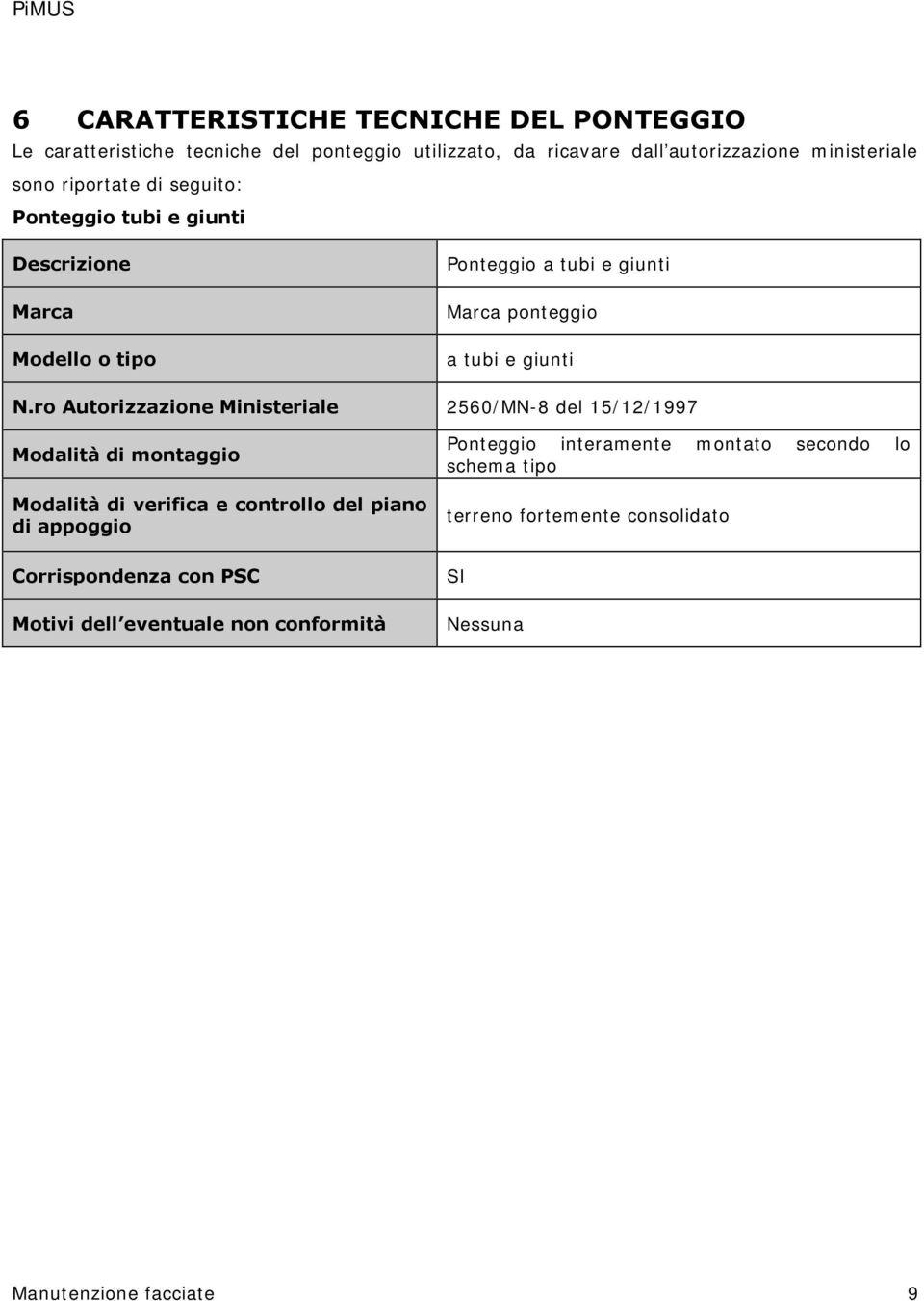 ro Autorizzazione Ministeriale 2560/MN-8 del 15/12/1997 Modalità di montaggio Modalità di verifica e controllo del piano di appoggio Ponteggio