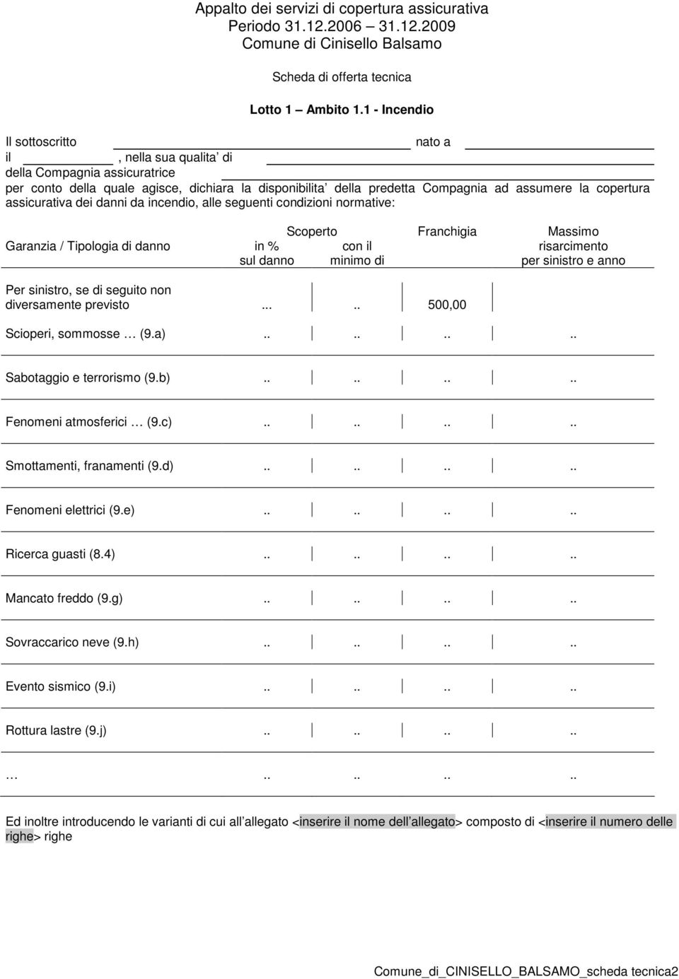 Garanzia / Tipologia di danno in % sul danno Scoperto Franchigia Massimo con minimo di Per sinistro, se di seguito non diversamente previsto.