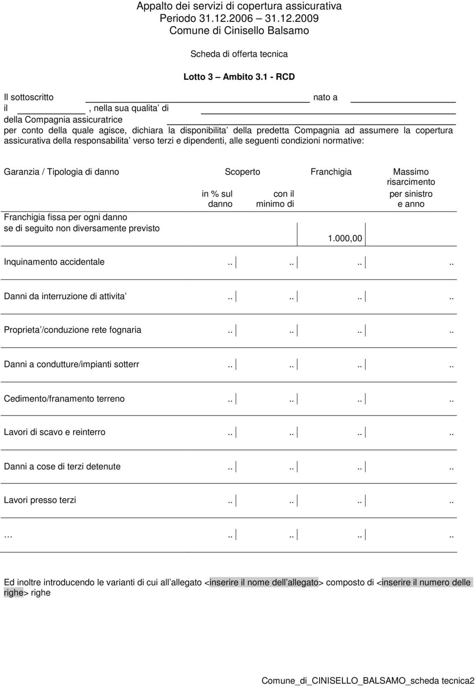 normative: Garanzia / Tipologia di danno Scoperto Franchigia Massimo risarcimento in % sul danno con minimo di per sinistro e anno Franchigia fissa per ogni danno se di seguito non diversamente