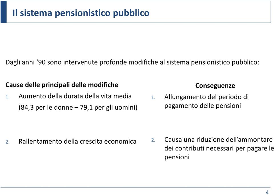 Aumento della durata della vita media (84,3 per le donne 79,1 per gli uomini) Conseguenze 1.