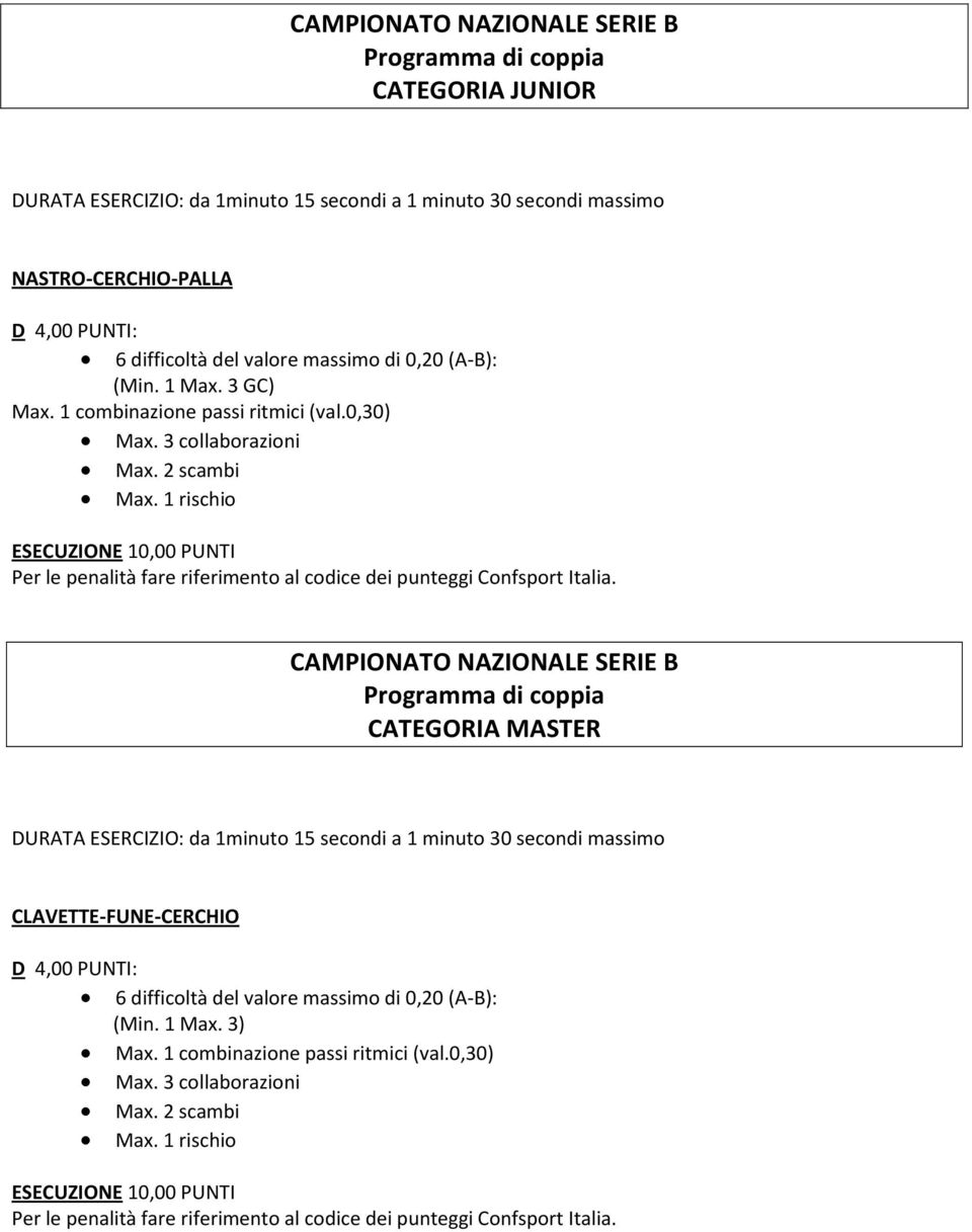 2 scambi CAMPIONATO NAZIONALE SERIE B Programma di coppia CATEGORIA MASTER CLAVETTE-FUNE-CERCHIO D 4,00 PUNTI: 6 difficoltà