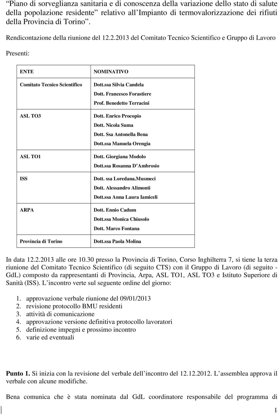 ssa Silvia Candela Dott. Francesco Forastiere Prof. Benedetto Terracini Dott. Enrico Procopio Dott. Nicola Suma Dott. Ssa Antonella Bena Dott.ssa Manuela Orengia Dott. Giorgiana Modolo Dott.