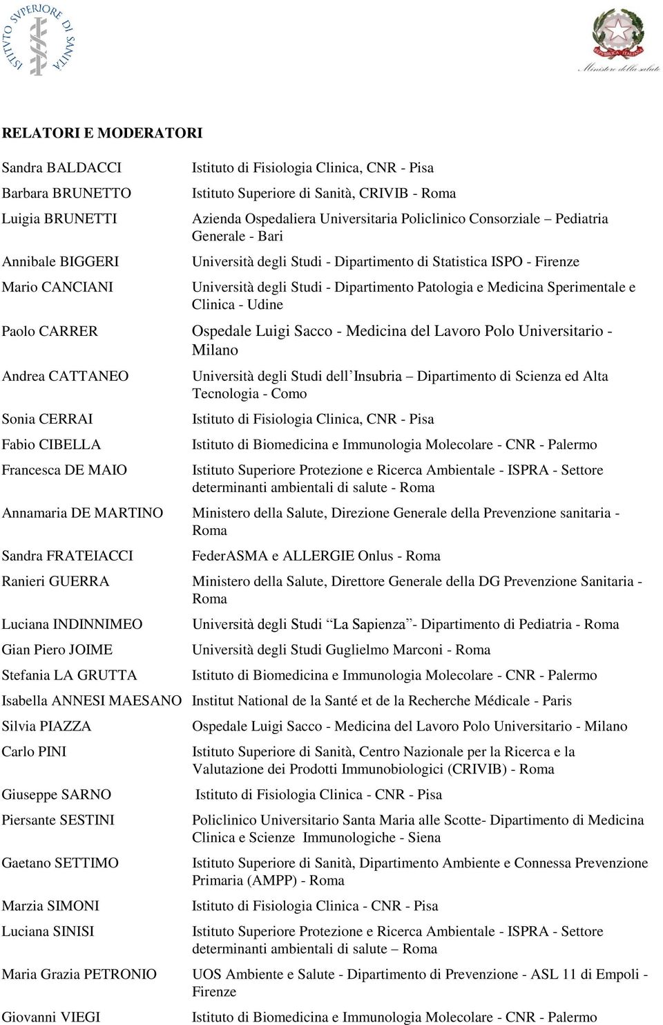 Medicina Sperimentale e Clinica - Udine Paolo CARRER Ospedale Luigi Sacco - Medicina del Lavoro Polo Universitario - Milano Andrea CATTANEO Sonia CERRAI Fabio CIBELLA Francesca DE MAIO Università