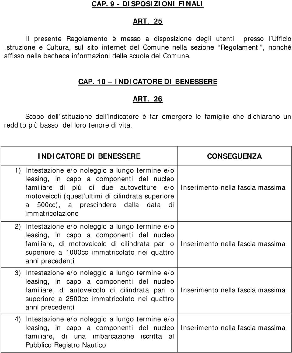 delle scuole del Comune. CAP. 10 INDICATORE DI BENESSERE ART. 26 Scopo dell istituzione dell indicatore è far emergere le famiglie che dichiarano un reddito più basso del loro tenore di vita.