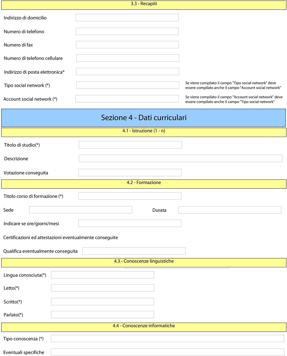 social network" - Dati curriculari.1 - Istruzione (1 - n) Titolo di studio(*) Descrizione Votazione conseguita.