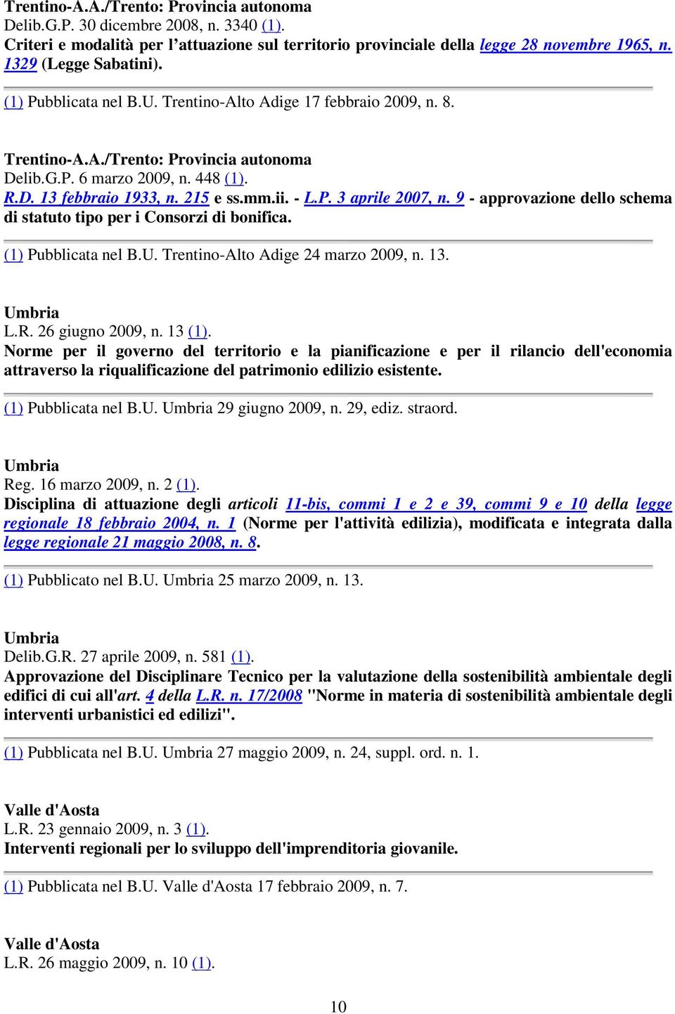 215 e ss.mm.ii. - L.P. 3 aprile 2007, n. 9 - approvazione dello schema di statuto tipo per i Consorzi di bonifica. (1) Pubblicata nel B.U. Trentino-Alto Adige 24 marzo 2009, n. 13. Umbria L.R.