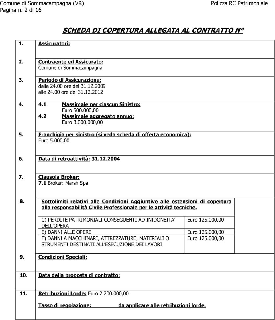 000,00 6. Data di retroattività: 31.12.2004 7. Clausola Broker: 7.1 Broker: Marsh Spa 8.