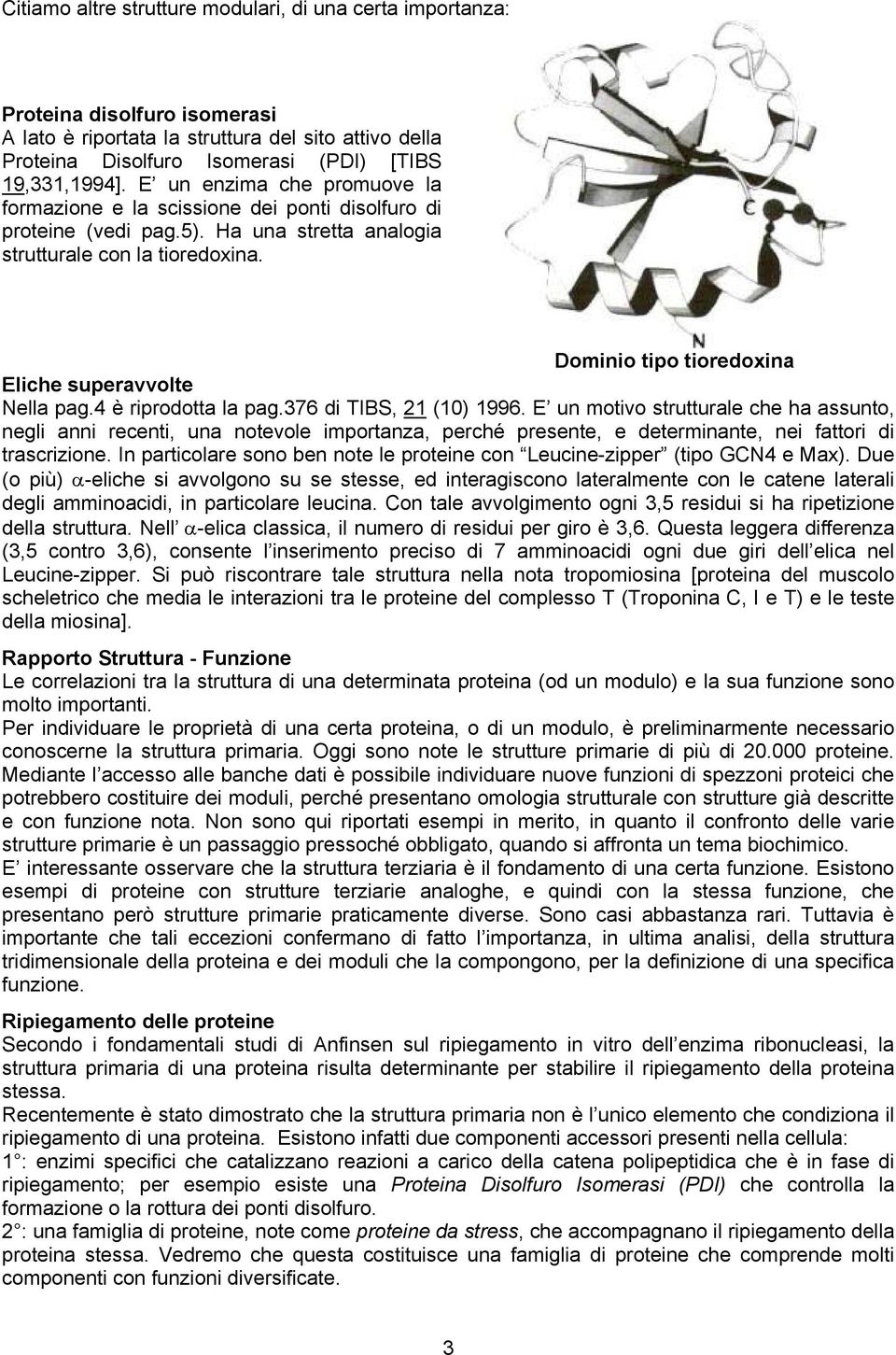 Dominio tipo tioredoxina Eliche superavvolte Nella pag.4 è riprodotta la pag.376 di TIBS, 21 (10) 1996.