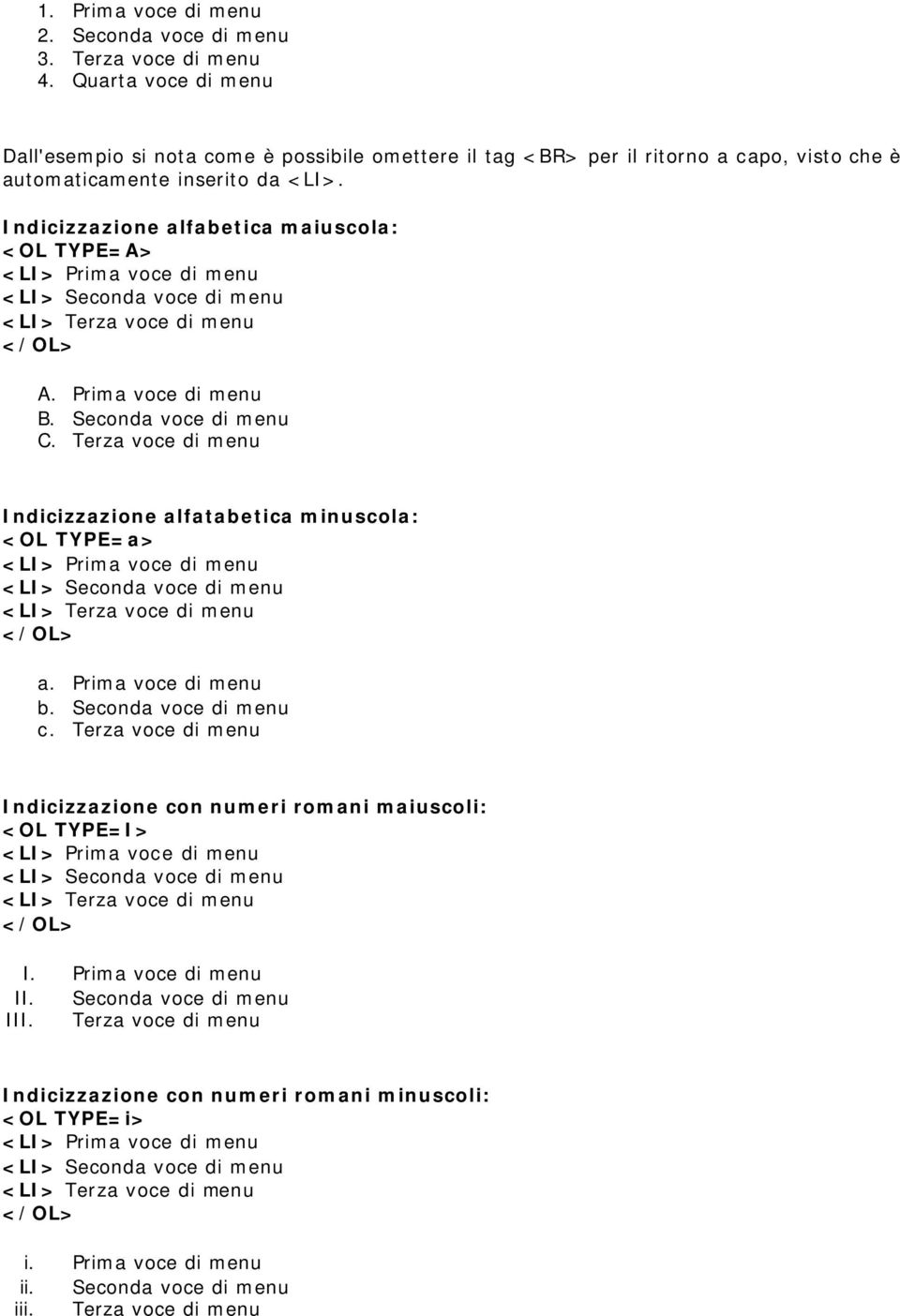 Indicizzazione alfabetica maiuscola: <OL TYPE=A> </OL> A. Prima voce di menu B. Seconda voce di menu C. Terza voce di menu Indicizzazione alfatabetica minuscola: <OL TYPE=a> </OL> a.