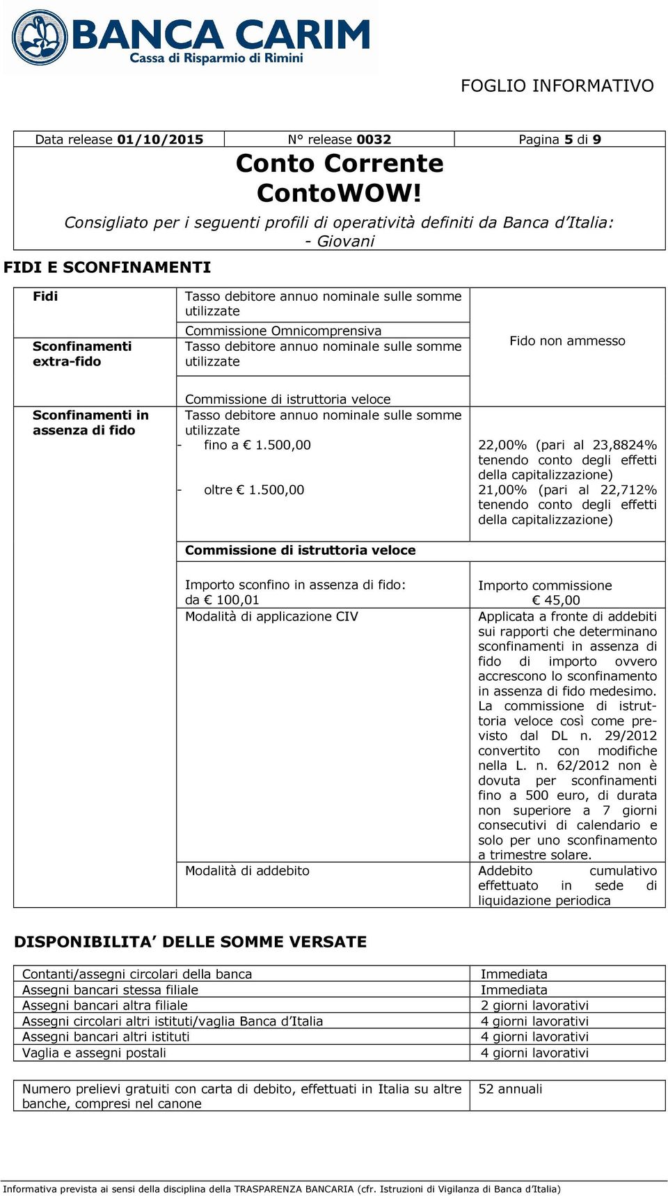 500,00 Commissione di istruttoria veloce 22,00% (pari al 23,8824% tenendo conto degli effetti della capitalizzazione) 21,00% (pari al 22,712% tenendo conto degli effetti della capitalizzazione)