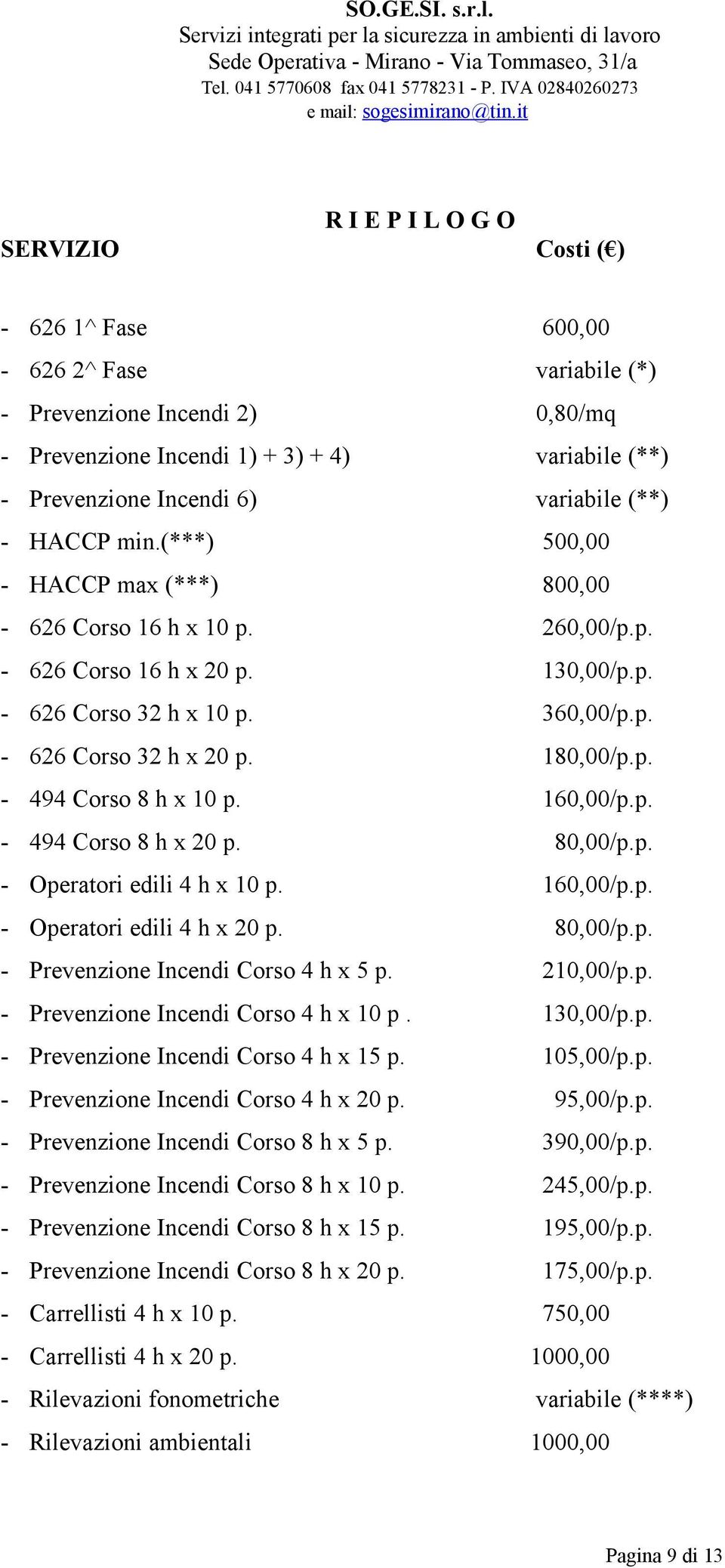 180,00/p.p. - 494 Corso 8 h x 10 p. 160,00/p.p. - 494 Corso 8 h x 20 p. 80,00/p.p. - Operatori edili 4 h x 10 p. 160,00/p.p. - Operatori edili 4 h x 20 p. 80,00/p.p. - Prevenzione Incendi Corso 4 h x 5 p.