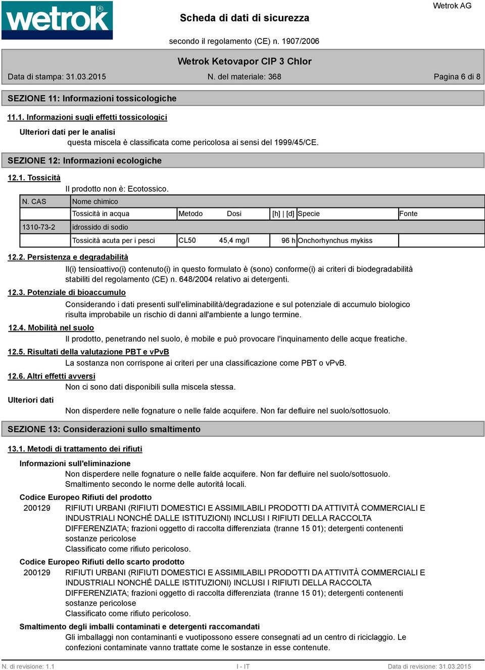 CAS Nome chimico 1310-73-2 