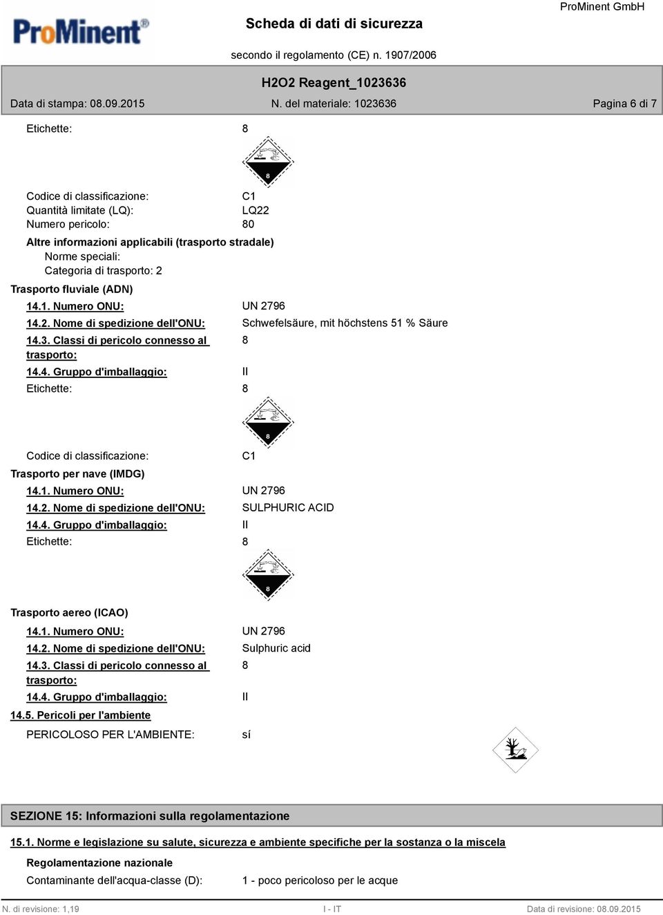 2. Nome di spedizione dell'onu: SULPHURIC ACID 14.4. Gruppo d'imballaggio: II Etichette: 8 Trasporto aereo (ICAO) 14.2. Nome di spedizione dell'onu: 14.3. Classi di pericolo connesso al trasporto: 14.