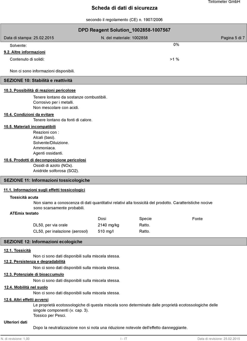 Materiali incompatibili Reazioni con : Alcali (basi). Solvente/Diluizione. Ammoniaca. Agenti ossidanti. 10.6. Prodotti di decomposizione pericolosi Ossidi di azoto (NOx). Anidride solforosa (SO2).